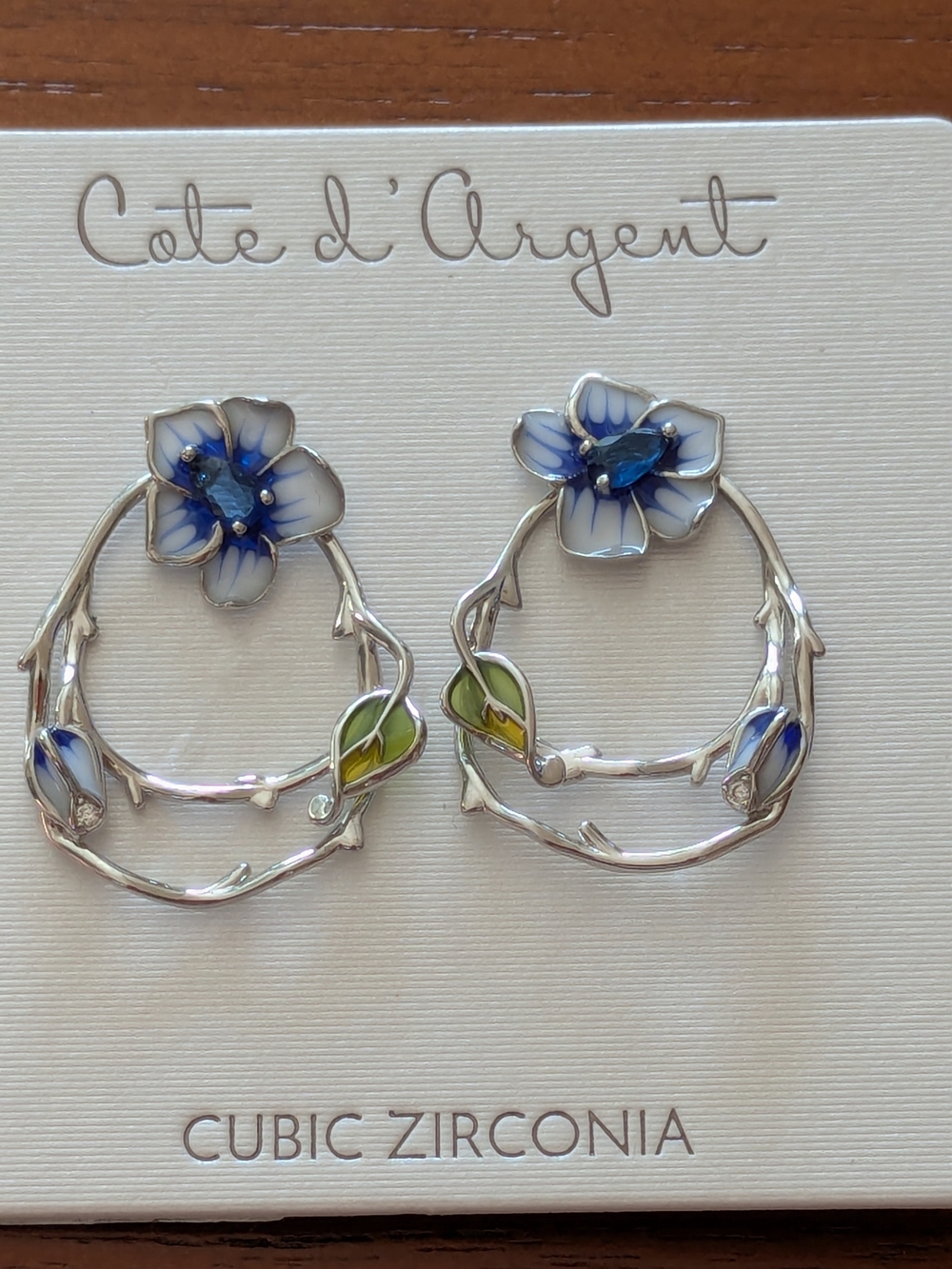 Cote d' Argent Blue Floral Hoop Earrings - Cubic Zirconia NEW